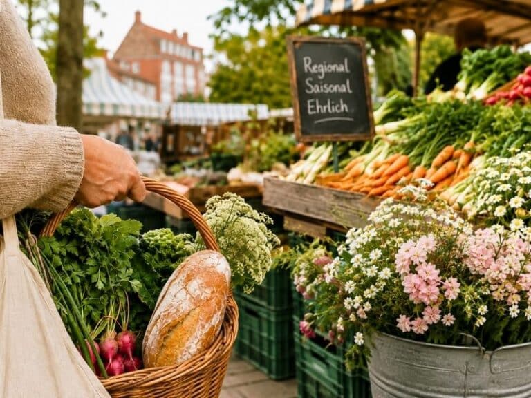 Wochenmarktstand mit regionalen Produkten