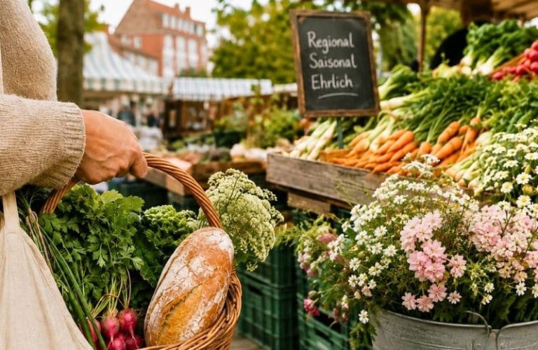 Wochenmarktstand mit regionalen Produkten