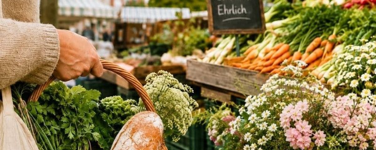 Wochenmarktstand mit regionalen Produkten